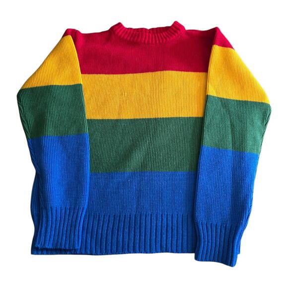 Vintage Montgomery Ward Rainbow Primary Color Striped Sweater Jumper Girl SZ L - Picture 1 of 6